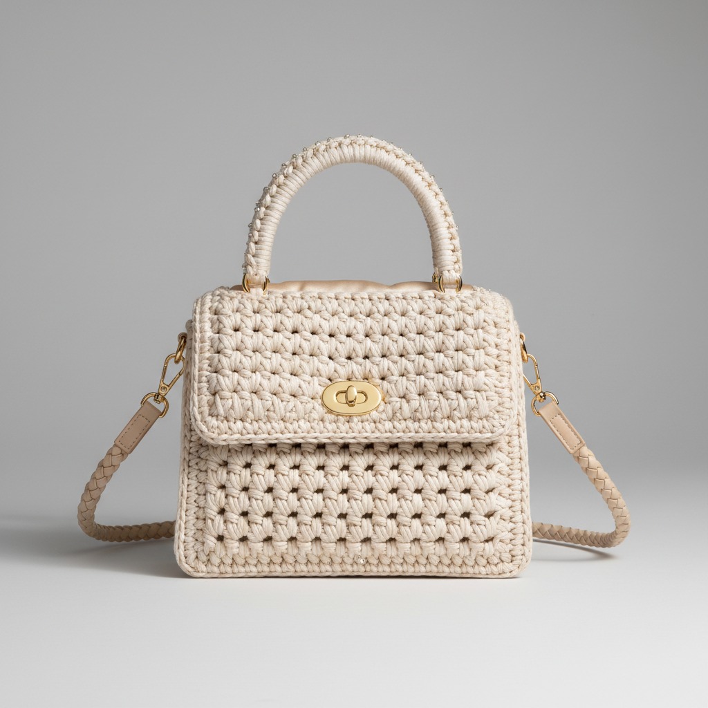 Borsa a mano color crema realizzata all'uncinetto con chiusura dorata e tracolla intrecciata.